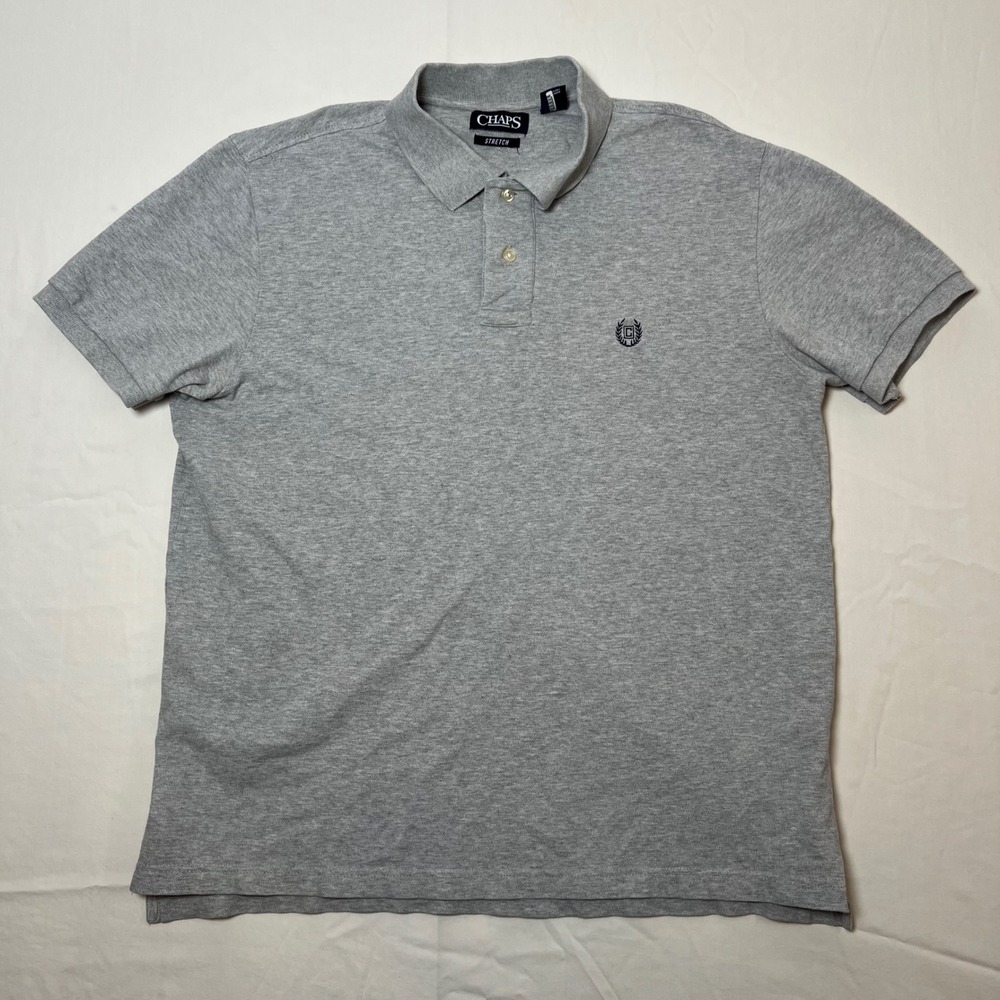 Chaps Mens Stretch Polo Shirt Gray Short Sleeve Crest Logo Size Large L